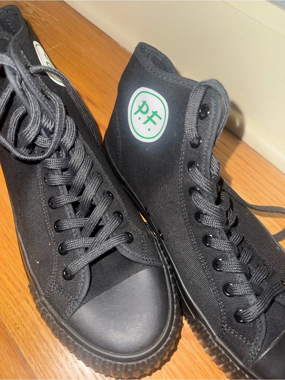 P.F. Flyers Black High-Top Canvas Sneakers with Green Logo